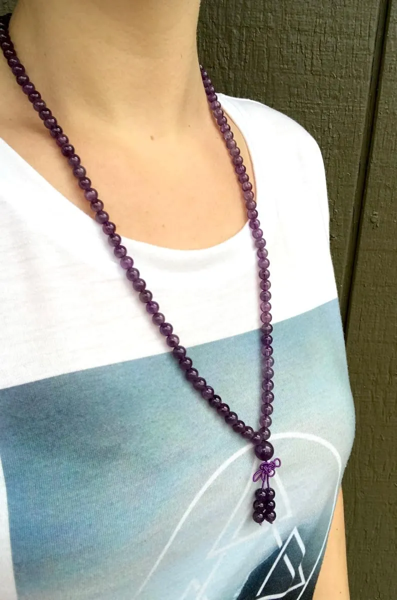Natural AMETHYST 8mm 108 Mala Beads, Spiritual, Meditation Beads, Reiki, Japa Mala, Buddhist Prayer Beads, Yoga Bracelet, healing beads LKMALA-RRGU-3376