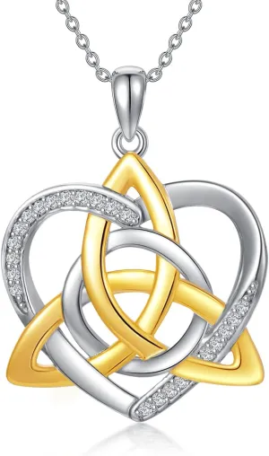 Natural Diamond Heart Necklace for Women,14K Yellow Gold Plated 925 Sterling Silver Irish Trinity Knot Celtic Pendant Necklaces Mother's Day Birthday Gifts for Mom Wife 18" 2"