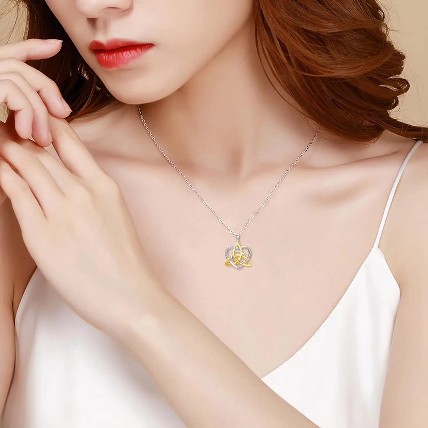 Natural Diamond Heart Necklace for Women,14K Yellow Gold Plated 925 Sterling Silver Irish Trinity Knot Celtic Pendant Necklaces Mother's Day Birthday Gifts for Mom Wife 18" 2"