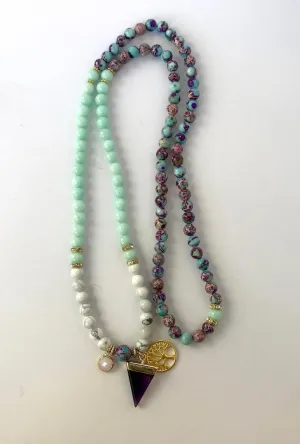 Natural Howlite, Amazonite, purple Emperor Jasper 8mm 108 Mala Beads, Spiritual, Meditation Beads, Reiki, Japa Mala, Buddhist Prayer Beads, Yoga Bracelet, healing beads LKMALA-RRGU-1345