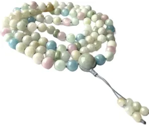Natural Jadeite, Aquamarine, Kunzite, Green Moonstone 8mm-12mm 108 Mala Beads, Spiritual, Meditation Beads, Reiki, Japa Mala, Buddhist Prayer Beads, Yoga Bracelet, healing beads LKMALA-RRGU-1027