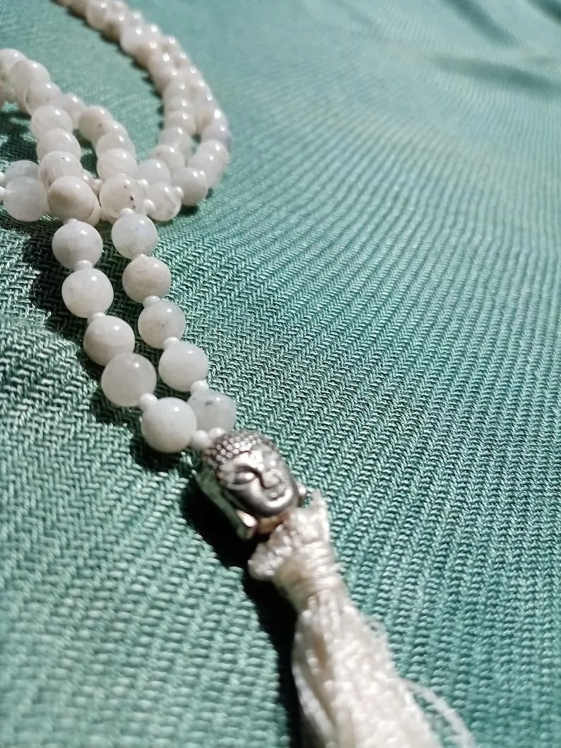Natural Moonstone 6mm 108 Mala Beads, Spiritual, Meditation Beads, Reiki, Japa Mala, Buddhist Prayer Beads, Yoga Bracelet, healing beads LKMALA-RRGU-551, 34 inch, white