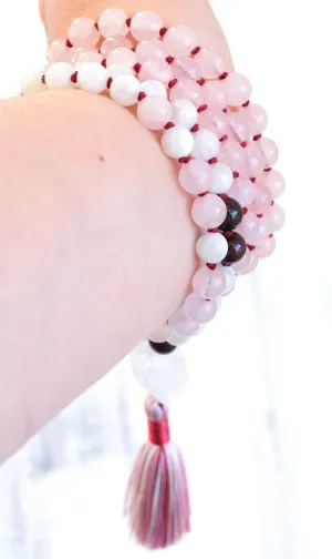 Natural Rose Quartz, Moonstone, Garnet and Quartz Crystal 8mm 108 Mala Beads, Spiritual, Meditation Beads, Reiki, Japa Mala, Buddhist Prayer Beads, Yoga Bracelet, healing beads LKMALA-RRGU-3960