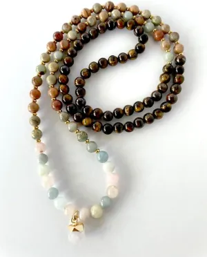 Natural Tiger eye, Emperor jasper, Morganite 6mm 108 Mala Beads, Spiritual, Meditation Beads, Reiki, Japa Mala, Buddhist Prayer Beads, Yoga Bracelet, healing beads LKMALA-RRGU-2472