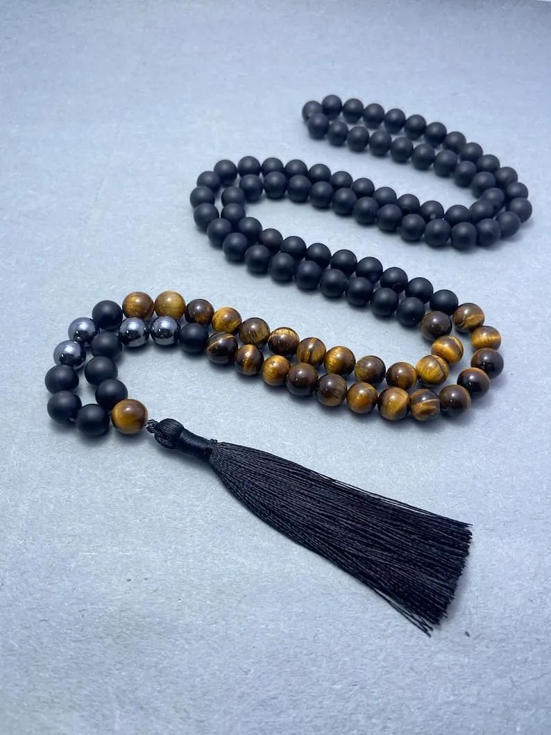 Natural Tiger's Eye, Hematite & Onyx 8mm 108 Mala Beads, Spiritual, Meditation Beads, Reiki, Japa Mala, Buddhist Prayer Beads, Yoga Bracelet, healing beads LKMALA-RRGU-3693