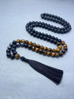 Natural Tiger's Eye, Hematite & Onyx 8mm 108 Mala Beads, Spiritual, Meditation Beads, Reiki, Japa Mala, Buddhist Prayer Beads, Yoga Bracelet, healing beads LKMALA-RRGU-3693