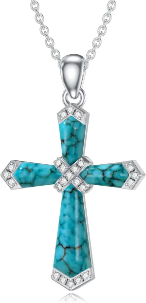 Natural Turquoise Cross Necklace for Women 925 Sterling Silver Cross Pendant with Genuine Turquoise Jewelry Gifts for Mom Wife Grandma Girlfriend