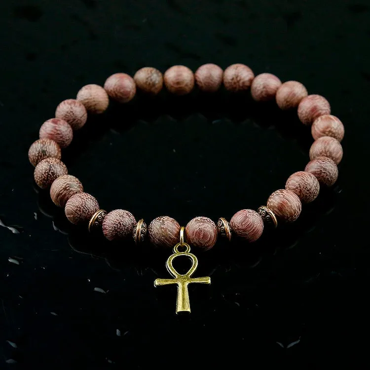 Natural Violets Wood Egypt Hieroglyphs  Ankh Cross Bead Bracelet