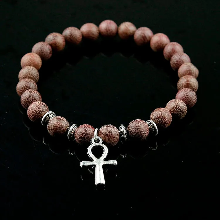 Natural Violets Wood Egypt Hieroglyphs  Ankh Cross Bead Bracelet