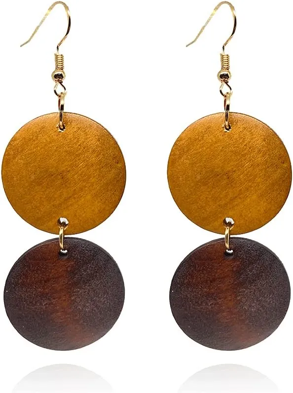 Natural Wood Earrings Wooden round Lightweight Drop Earrings Retro Wooden Bohemian Afrocentric Geometric Personalized Earrings for Women