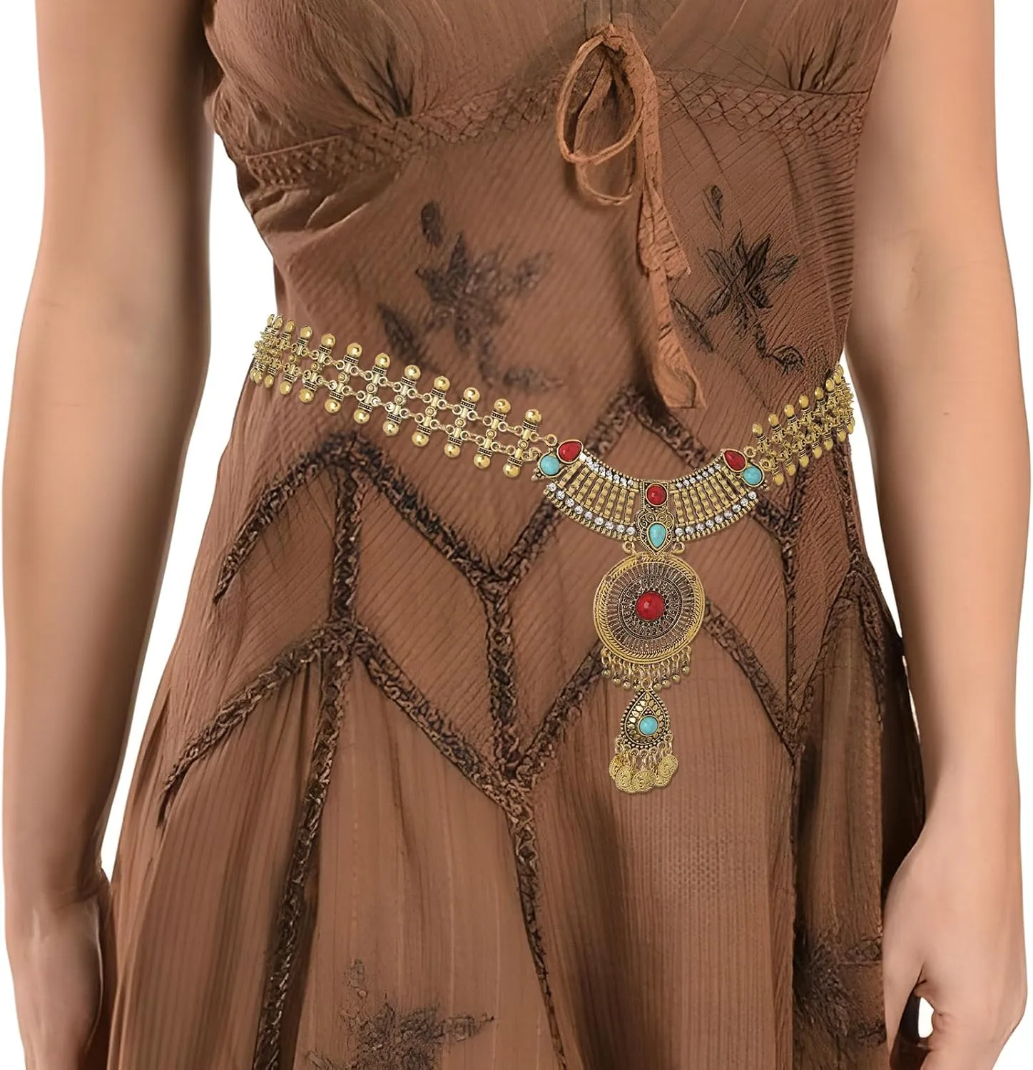 Navoky Boho Turquoise Waist Chain Vintage Belt Chains Rhinestone Crystal Body Chain Layered Belly Chain for Women and Girls