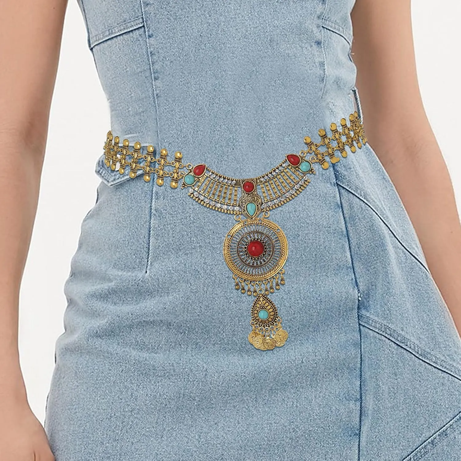 Navoky Boho Turquoise Waist Chain Vintage Belt Chains Rhinestone Crystal Body Chain Layered Belly Chain for Women and Girls