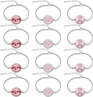 NBEADS 12Pcs 3 Styles Breast Cancer Awareness Bracelet, Pink Ribbon Bracelet Adjustable Bracelet with Word HOPE Courage Friendship Support Bracelets for Women Accessories Gifts