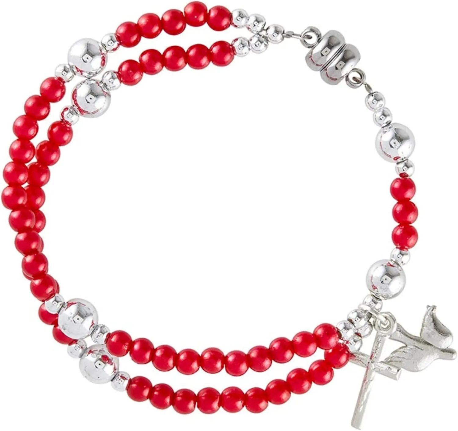 Needzo Red Confirmation Rosary Bracelet with Clasp, Includes Cross and Dove Dangle, Religious Gifts, One Size Fits Most