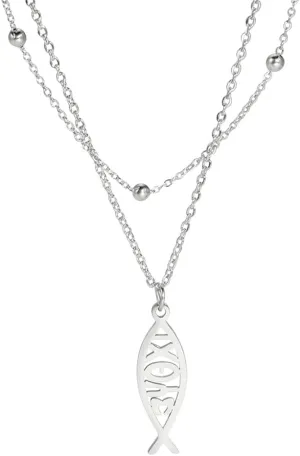 New 2026 Arrive Unisex Christian Jesus Fish Pendant Necklaces For Women Double Layer Stainless Greek  Religious Decoration Jewelry Luxury With You Accessories Trendy For Women And Men