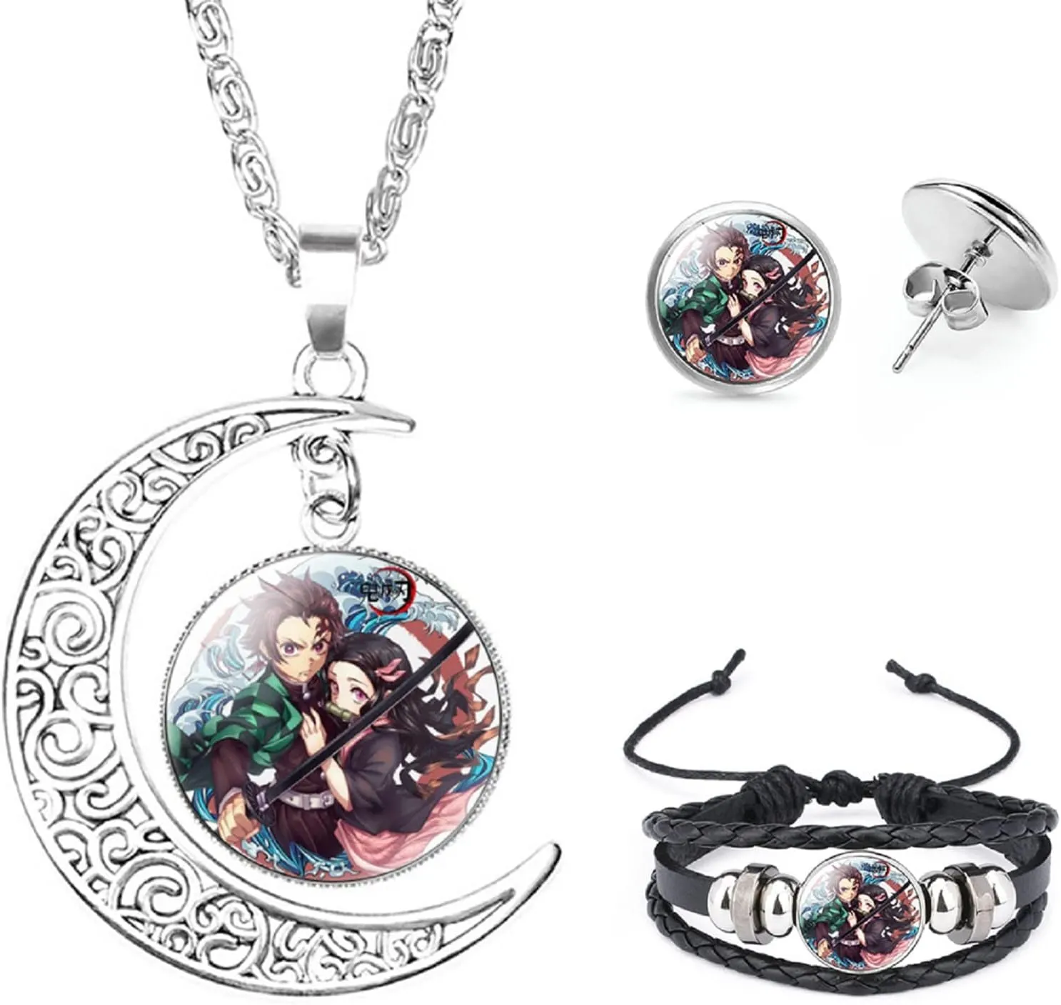 Nezuko Kamado Anime Jewelry Set Glass Dome Crescent Moon Pendant Charm Necklace, Earrings, Bracelet Jewelry Set Gifts for Women Girls