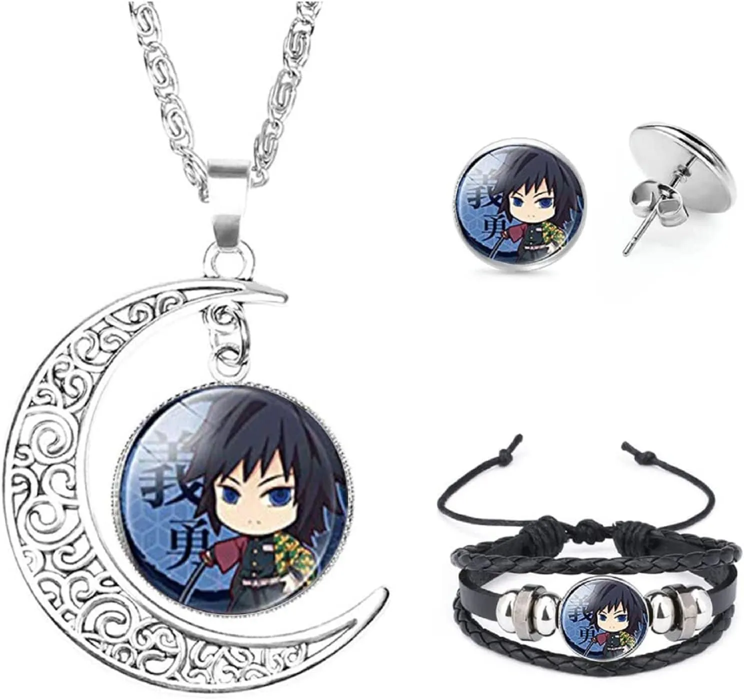Nezuko Kamado Anime Jewelry Set Glass Dome Crescent Moon Pendant Charm Necklace, Earrings, Bracelet Jewelry Set Gifts for Women Girls