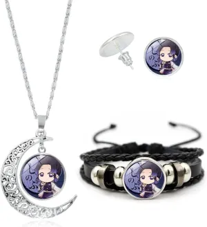 Nezuko Kamado Anime Jewelry Set Glass Dome Crescent Moon Pendant Charm Necklace, Earrings, Bracelet Jewelry Set Gifts for Women Girls