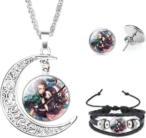 Nezuko Kamado Anime Jewelry Set Glass Dome Crescent Moon Pendant Charm Necklace, Earrings, Bracelet Jewelry Set Gifts for Women Girls
