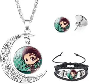 Nezuko Kamado Anime Jewelry Set Glass Dome Crescent Moon Pendant Charm Necklace, Earrings, Bracelet Jewelry Set Gifts for Women Girls