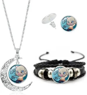 Nezuko Kamado Anime Jewelry Set Glass Dome Crescent Moon Pendant Charm Necklace, Earrings, Bracelet Jewelry Set Gifts for Women Girls