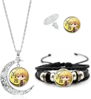 Nezuko Kamado Anime Jewelry Set Glass Dome Crescent Moon Pendant Charm Necklace, Earrings, Bracelet Jewelry Set Gifts for Women Girls