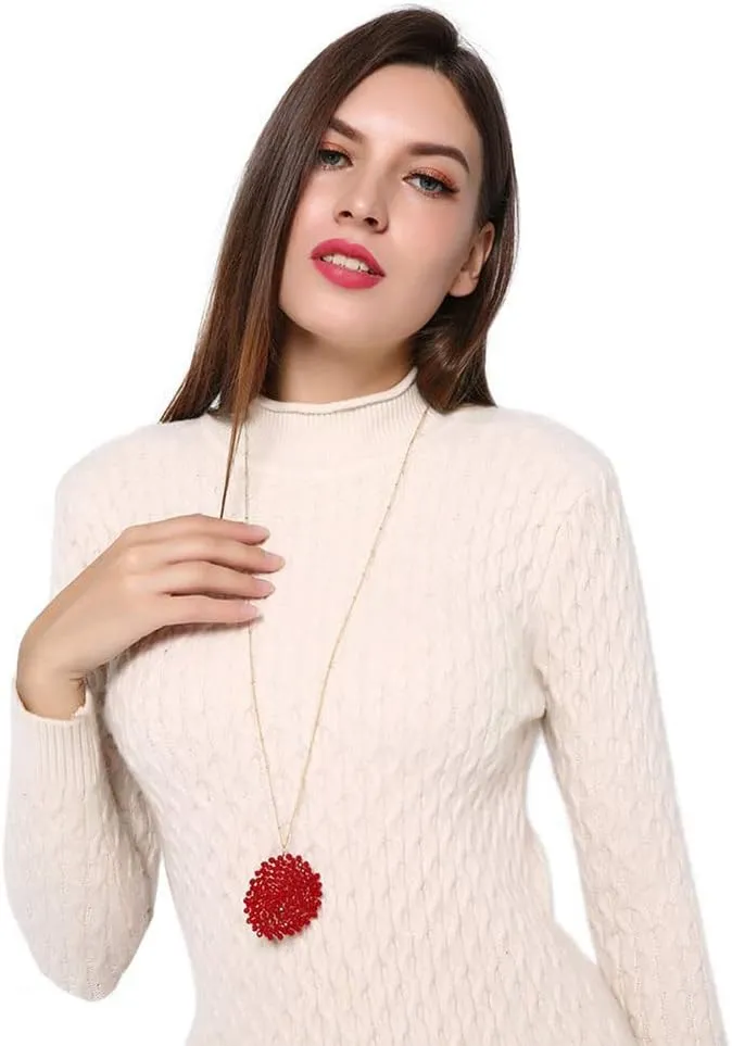 Niumike Handmade Crystal Circle Pendant Necklace and Earring Sets for Women Prom Disc Long Statement Necklaces Jewelry Sets with Gifts Box