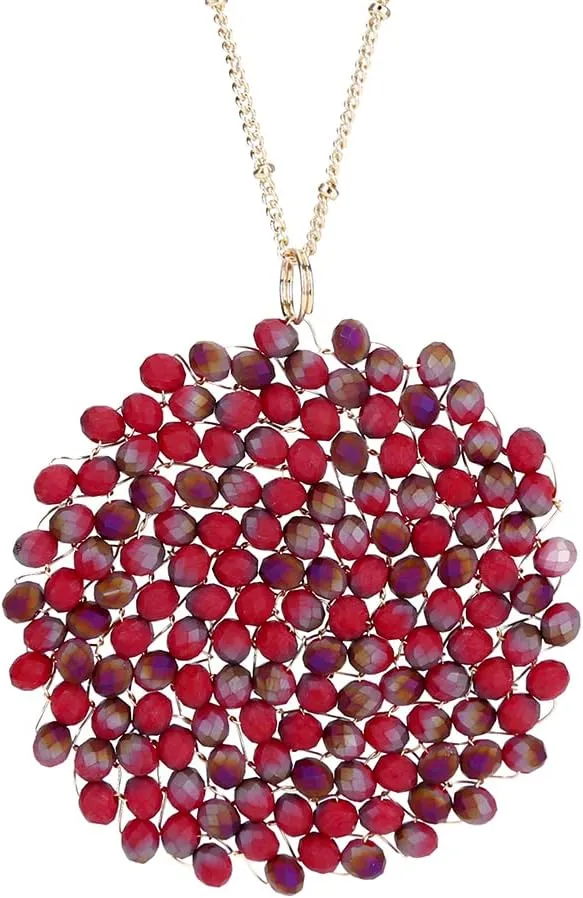 Niumike Handmade Crystal Circle Pendant Necklace and Earring Sets for Women Prom Disc Long Statement Necklaces Jewelry Sets with Gifts Box