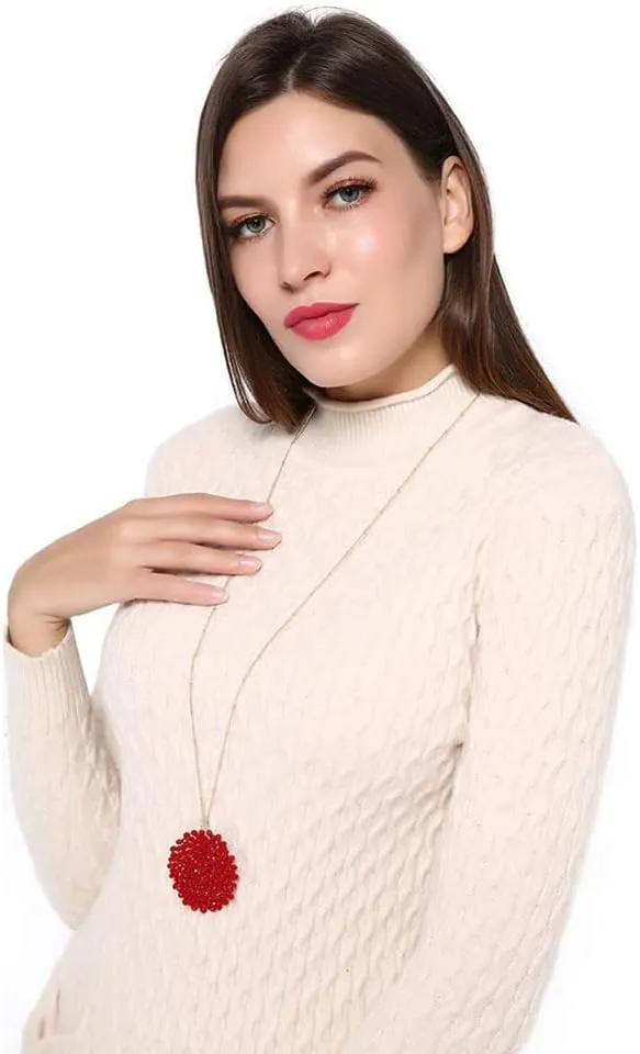Niumike Handmade Crystal Circle Pendant Necklace and Earring Sets for Women Prom Disc Long Statement Necklaces Jewelry Sets with Gifts Box