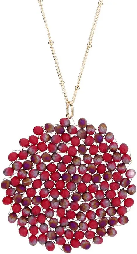 Niumike Handmade Crystal Circle Pendant Necklace and Earring Sets for Women Prom Disc Long Statement Necklaces Jewelry Sets with Gifts Box