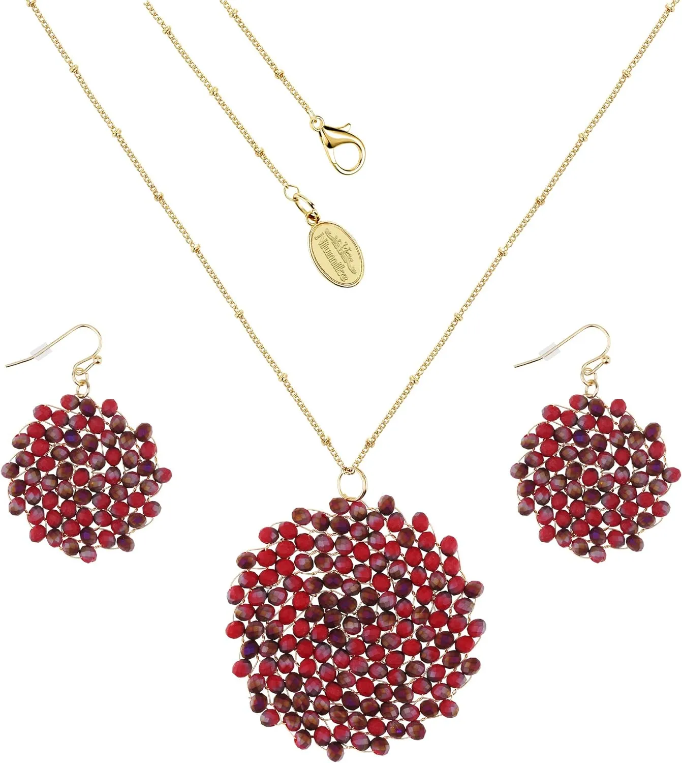 Niumike Handmade Crystal Circle Pendant Necklace and Earring Sets for Women Prom Disc Long Statement Necklaces Jewelry Sets with Gifts Box