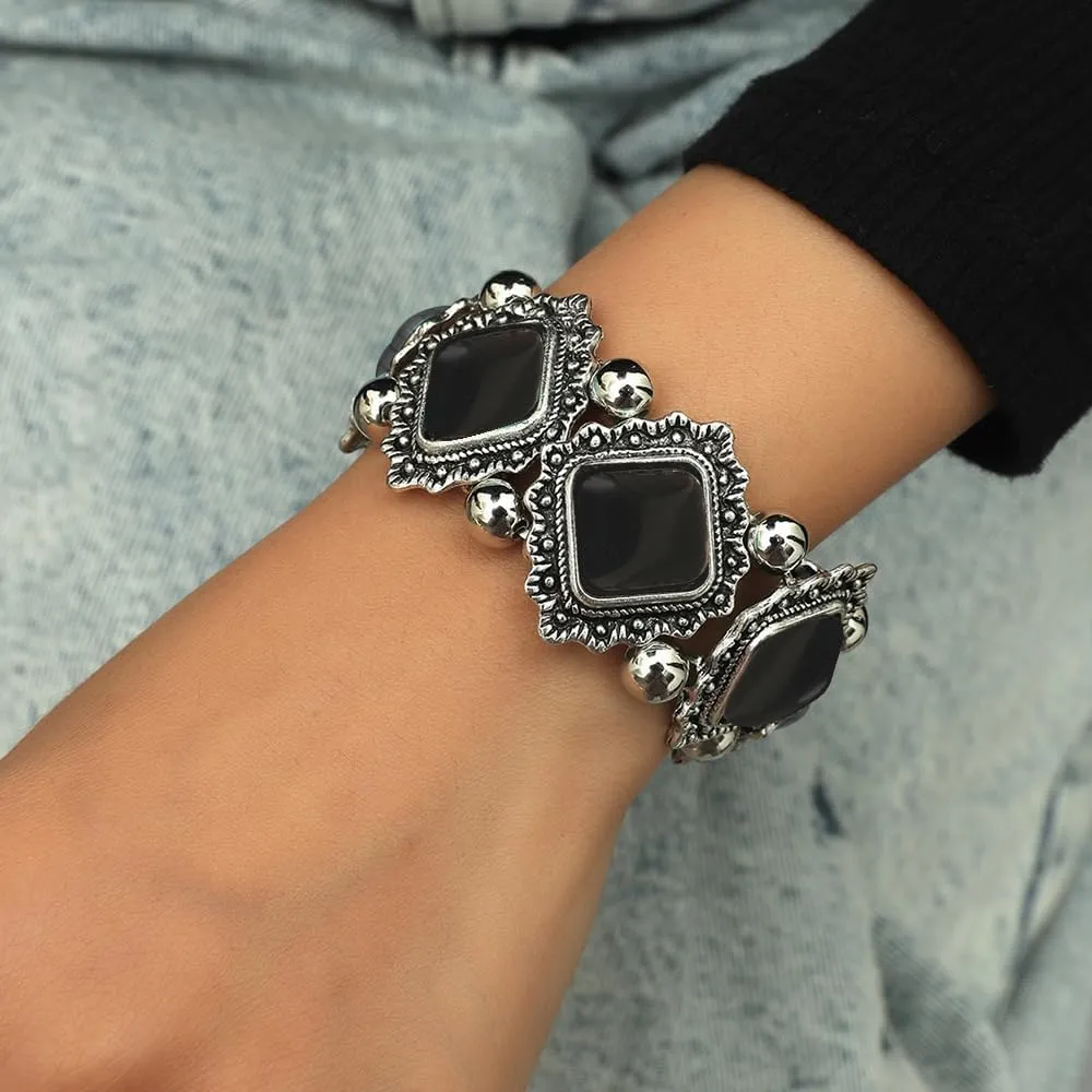 OIDIMS Bohemian Turquoise Bracelet Vintage Adjustable Handmade Extendable Bracelet Silver Bangle Wrist Band Geometry Stone Bead Elastic Stretch Bracelet for Women Gift Beach Western Jewelry