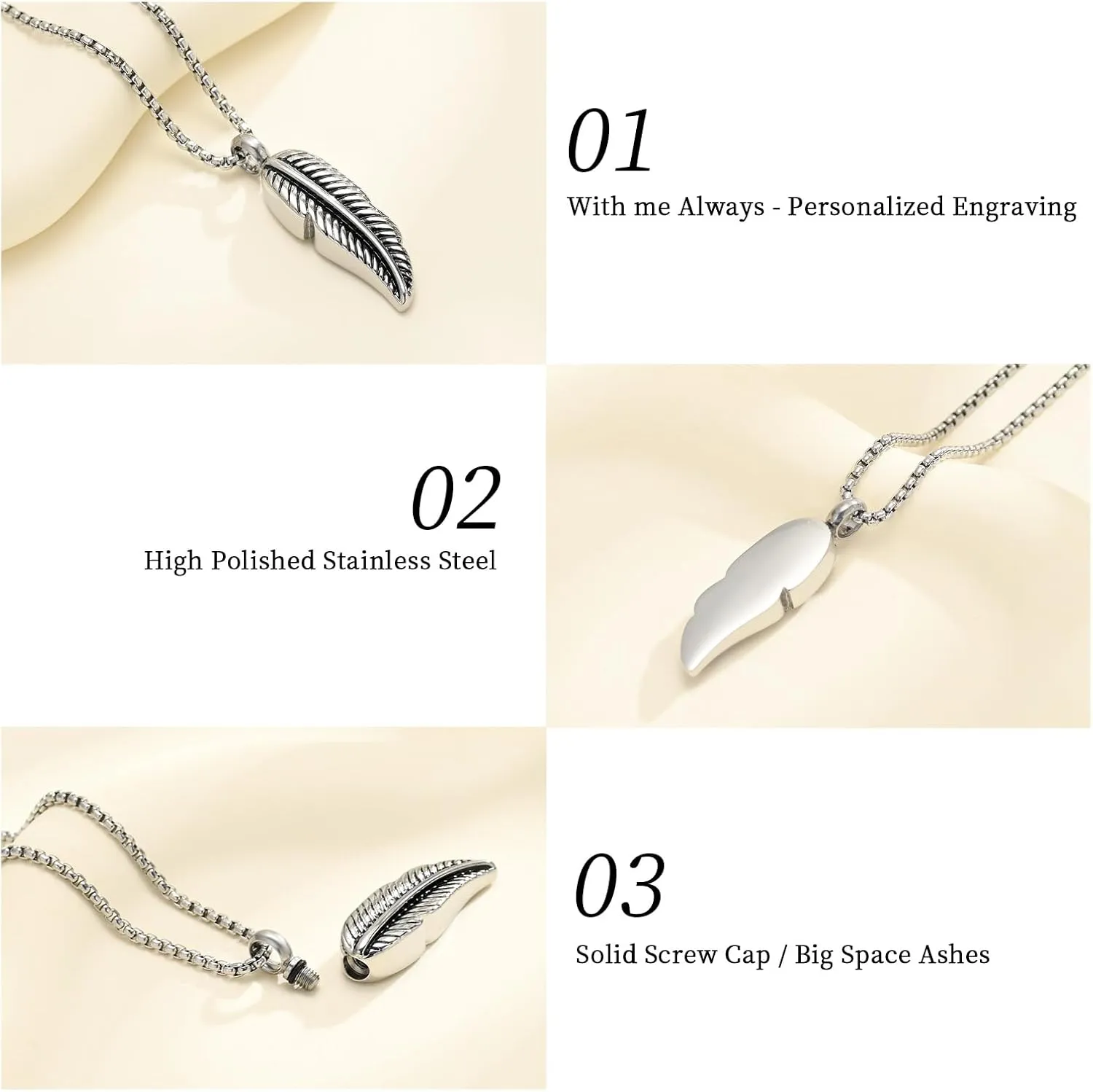 Oinsi Stainless Steel Feather Urn Necklace Hold Cremation Ashes Keepsake Memorial Jewelry  Box Fill Kits