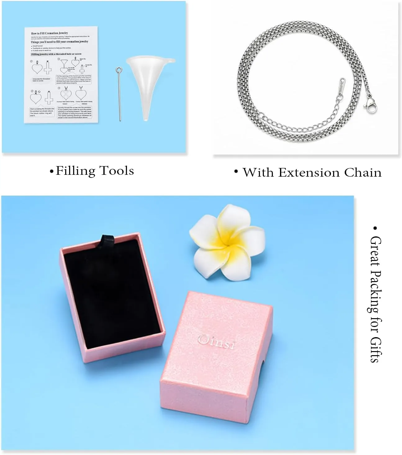 Oinsi Stainless Steel Feather Urn Necklace Hold Cremation Ashes Keepsake Memorial Jewelry  Box Fill Kits