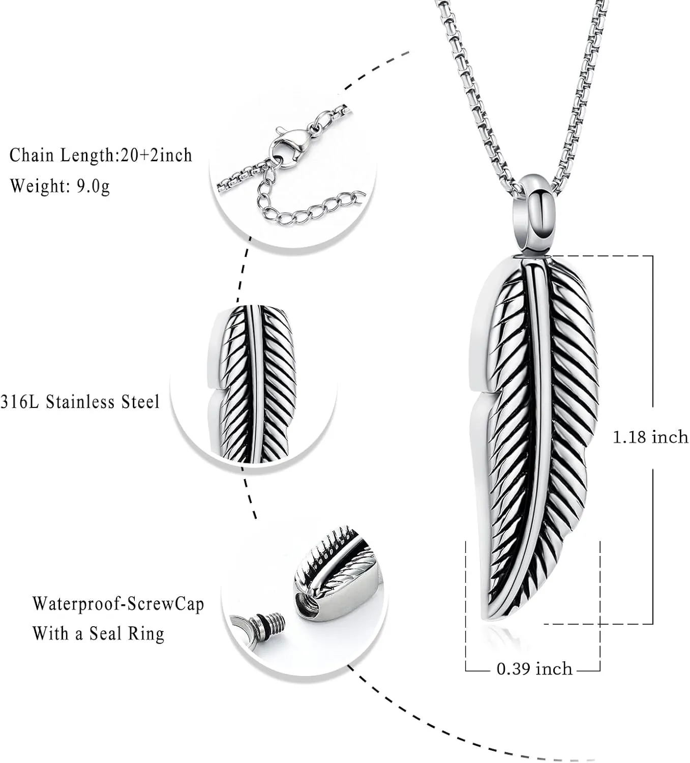 Oinsi Stainless Steel Feather Urn Necklace Hold Cremation Ashes Keepsake Memorial Jewelry  Box Fill Kits