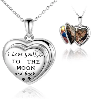 ONEFINITY Locket Necklace Sterling Sliver I Love You to The Moon and Back Locket Pendant Butterfly/Sunflower/Lotus/4 Photo Locket/Tree of life/Giraffe Gift for Women Men