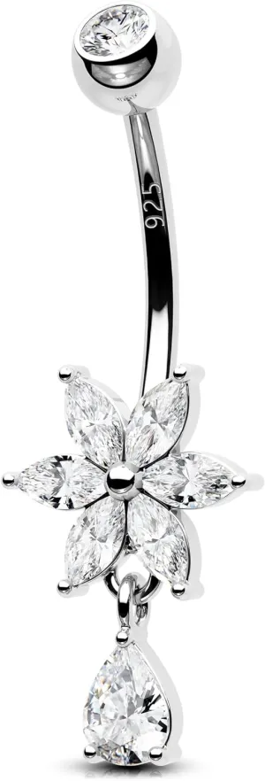 OUFER 14G Belly Rings, Dangle Belly Button Ring, 925 Sterling Silver Flower Belly Piercing Jewlery, Clear CZ Navel Piercing Jewelry for Women Men