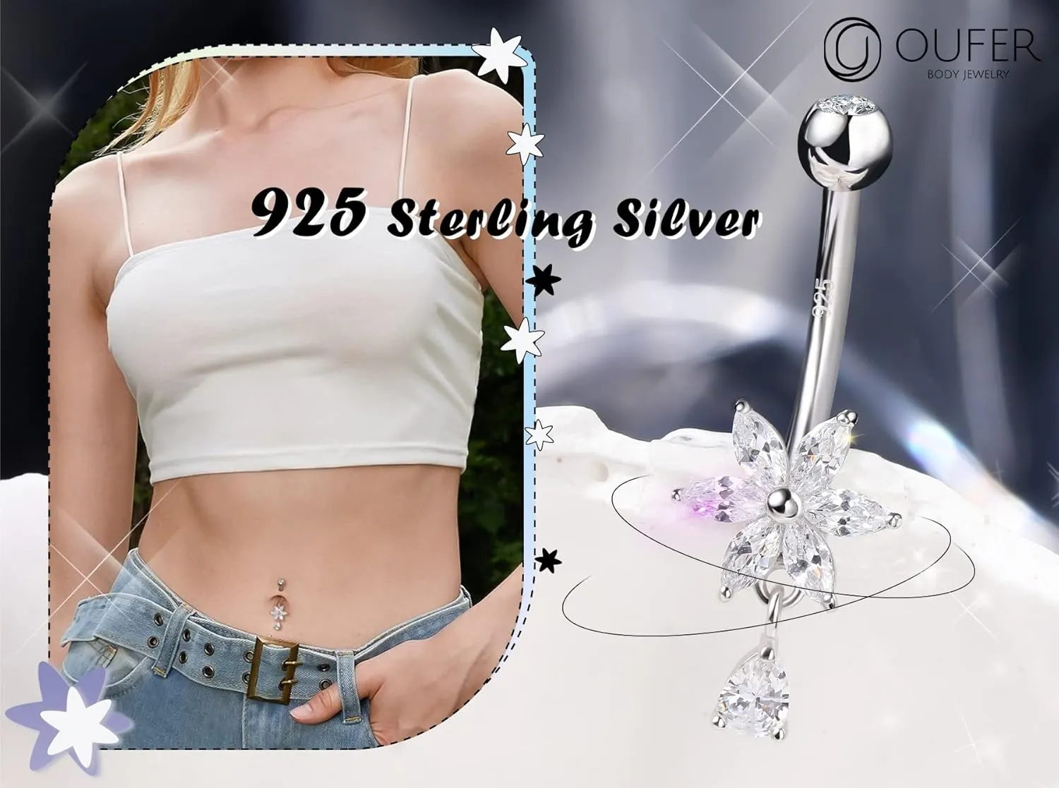 OUFER 14G Belly Rings, Dangle Belly Button Ring, 925 Sterling Silver Flower Belly Piercing Jewlery, Clear CZ Navel Piercing Jewelry for Women Men