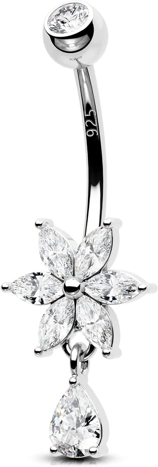 OUFER 14G Belly Rings, Dangle Belly Button Ring, 925 Sterling Silver Flower Belly Piercing Jewlery, Clear CZ Navel Piercing Jewelry for Women Men