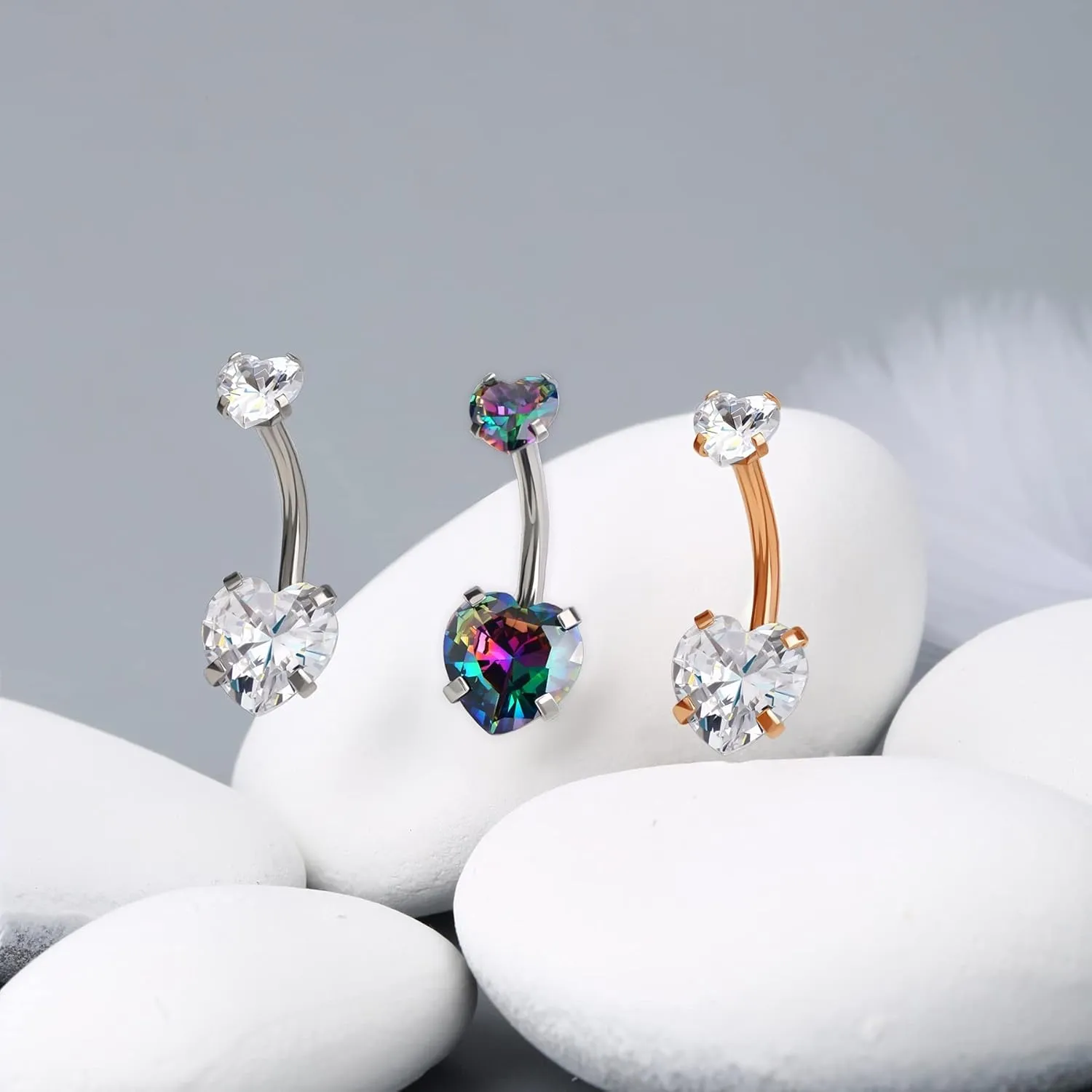 OUFER 14G Surgical Steel Faceted Heart Cubic Zirconia Navel Rings Body Piercing Jewelry