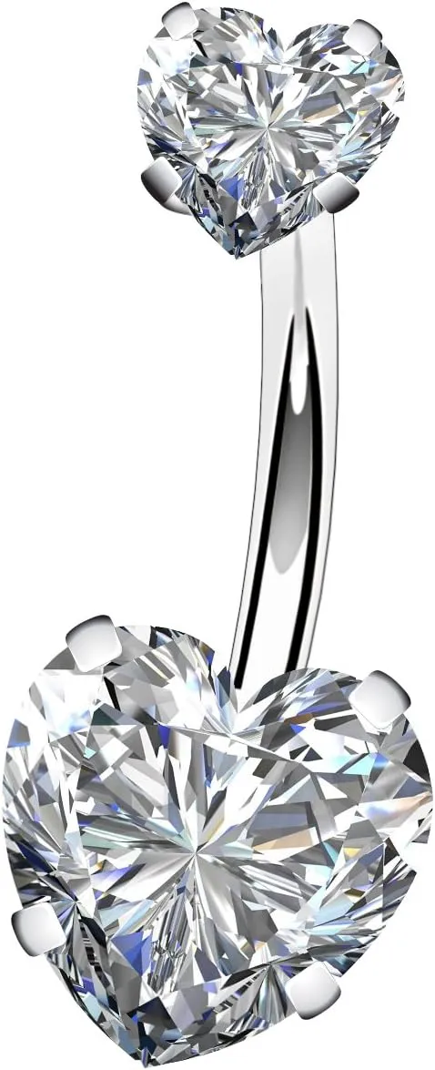 OUFER 14G Surgical Steel Faceted Heart Cubic Zirconia Navel Rings Body Piercing Jewelry