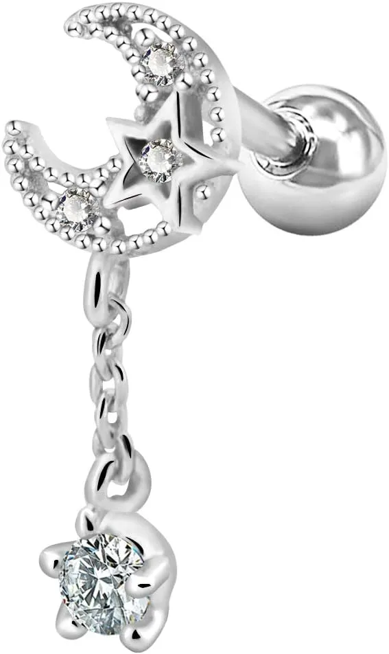 OUFER 16G Stainless Steel Cartilage Earring Moon with CZ Dangle Tragus Earrings Cartilage Earring Stud