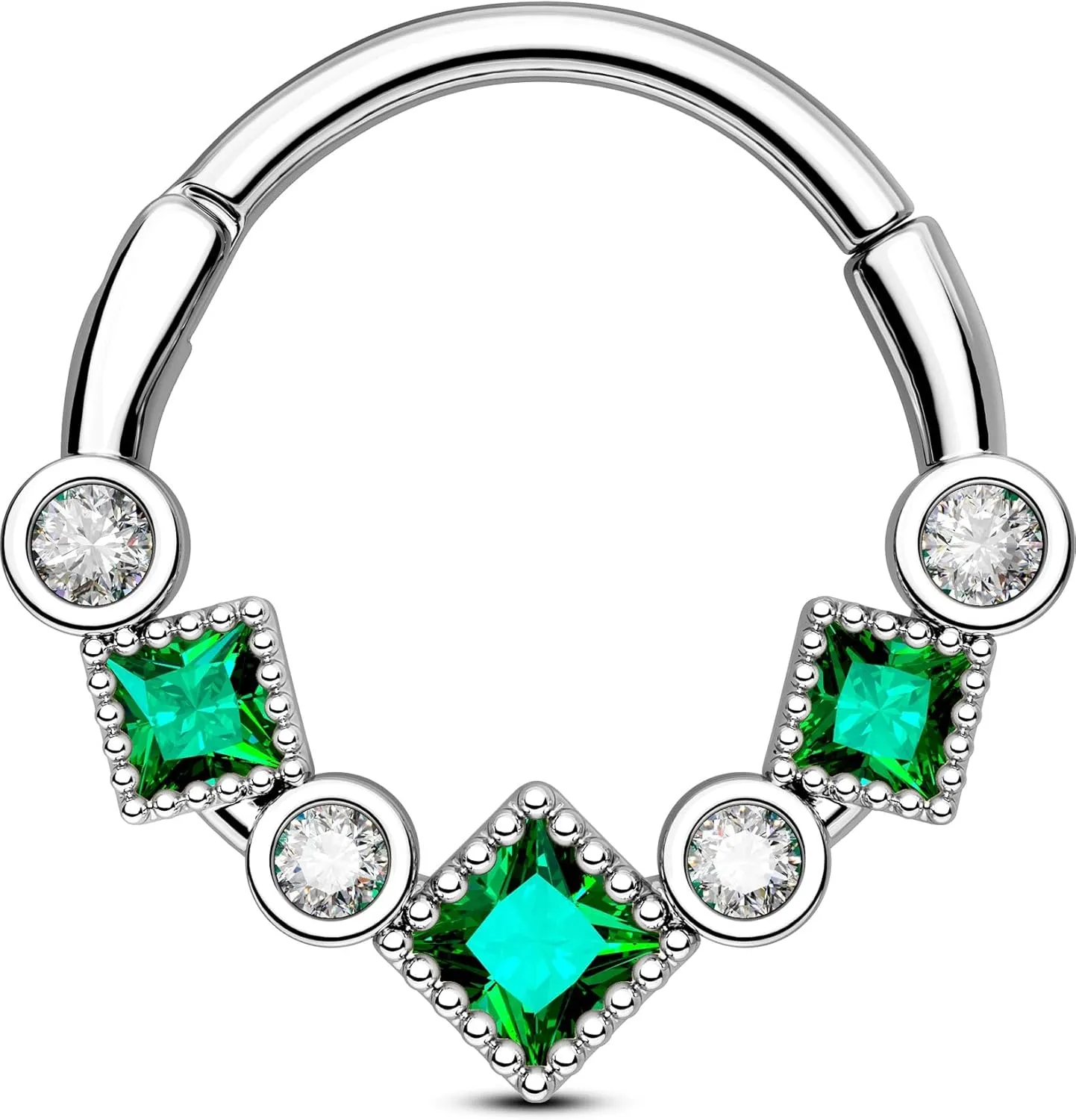 OUFER Gold Septum Ring, 16G Green CZ Septum Piercing Jewelry, 316L Surgical Steel Septum Jewelry, Hinged Segment Daith Helix Cartilage Earrings For Women