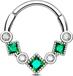 OUFER Gold Septum Ring, 16G Green CZ Septum Piercing Jewelry, 316L Surgical Steel Septum Jewelry, Hinged Segment Daith Helix Cartilage Earrings For Women
