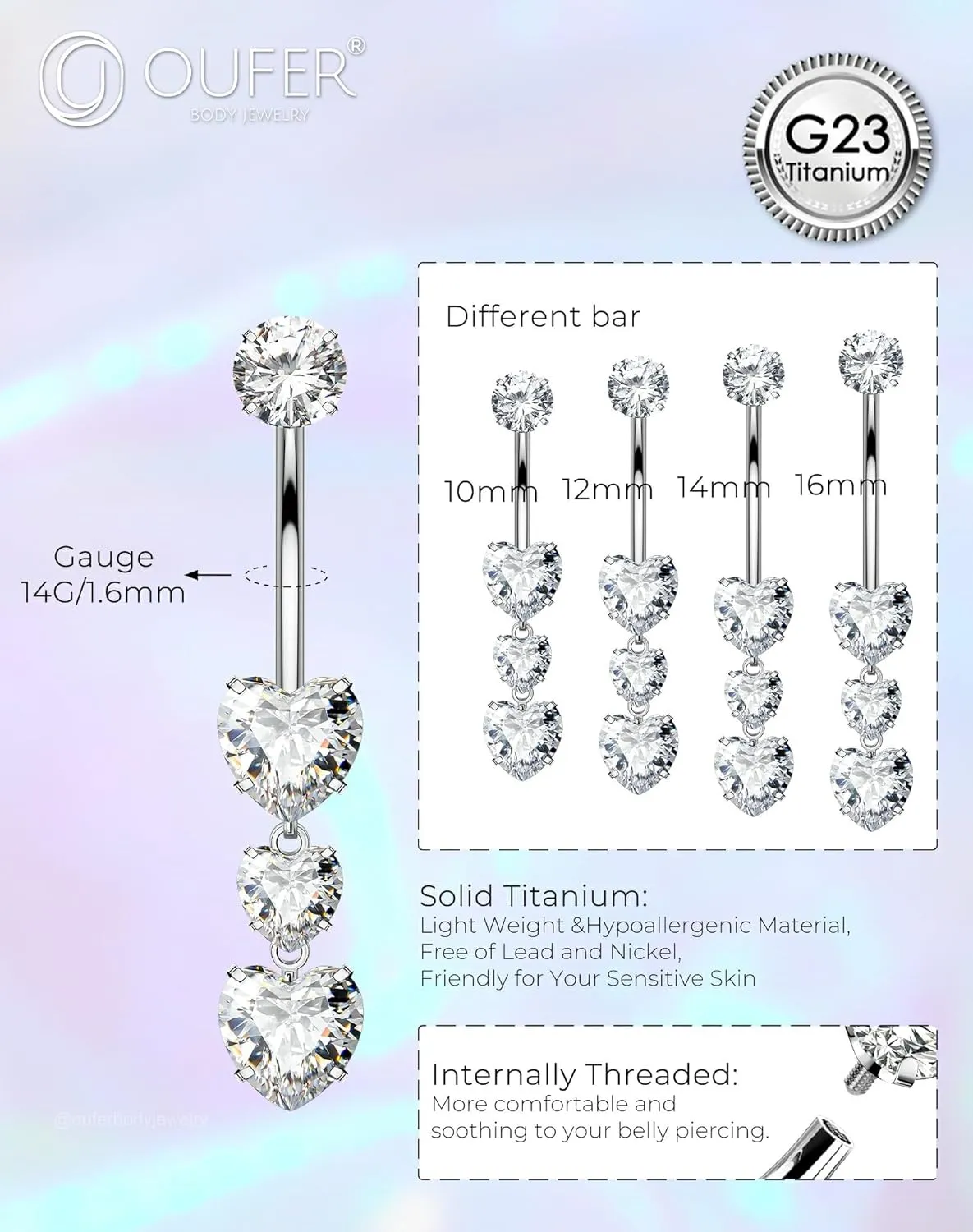 OUFER Titanium Belly Button Rings, Heart Belly Rings Dangling, Internally Threaded Belly Button Piercings, Long Dangle Navel Piercing Jewelry, Belly Rings for Women