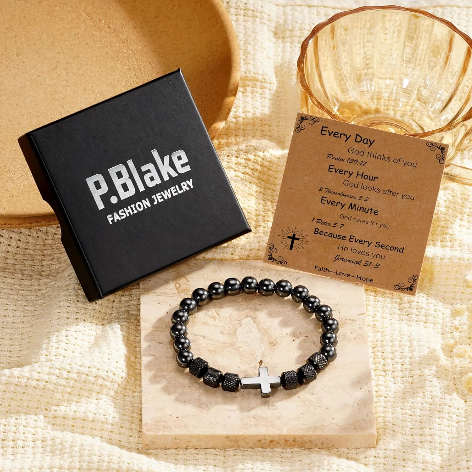 P. BLAKE Cross Bracelet Gifts for Men Father Dad Husband Grandpa Brother Father's Day Birthday Graduation Anniversary Christmas Christian Obsidian Beads Bracelet Gifts for Men Teen Boys