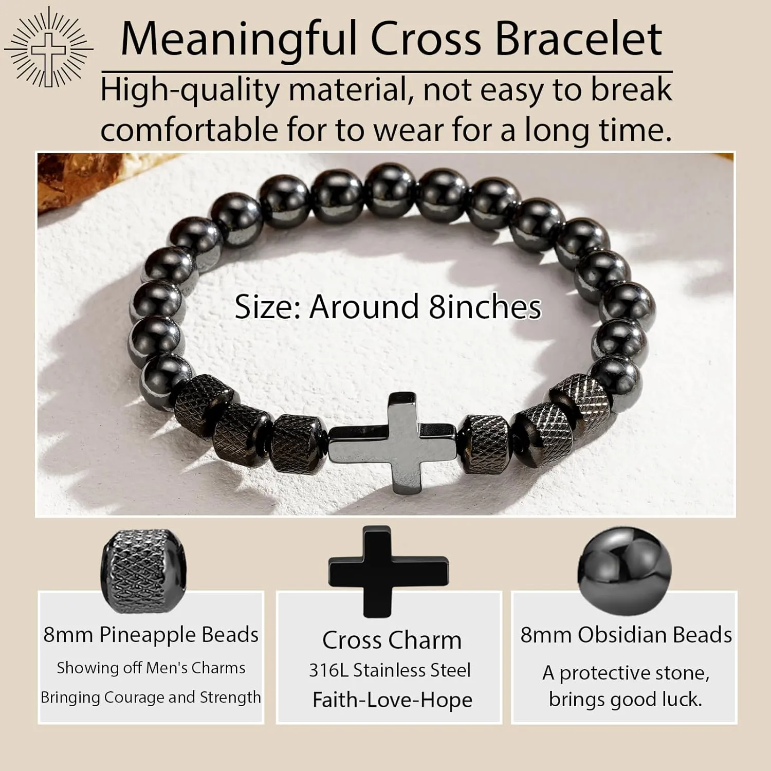 P. BLAKE Cross Bracelet Gifts for Men Father Dad Husband Grandpa Brother Father's Day Birthday Graduation Anniversary Christmas Christian Obsidian Beads Bracelet Gifts for Men Teen Boys