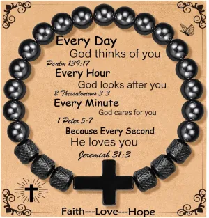 P. BLAKE Cross Bracelet Gifts for Men Father Dad Husband Grandpa Brother Father's Day Birthday Graduation Anniversary Christmas Christian Obsidian Beads Bracelet Gifts for Men Teen Boys