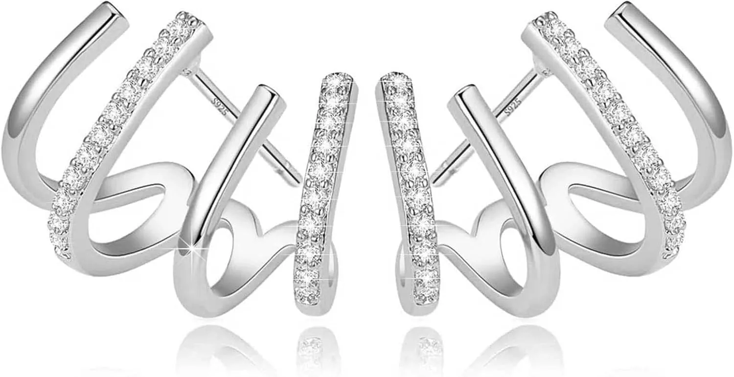 PANSHI Sterling Silver Post Earrings Silver Hoop Earrings for Women Trendy Stud Huggie Claw Earrings Cuff Hypoallergenic Jewelry Gifts