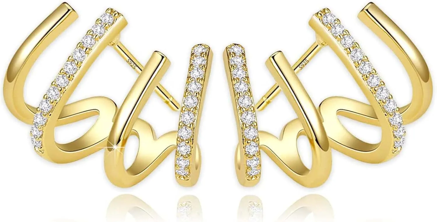 PANSHI Sterling Silver Post Earrings Silver Hoop Earrings for Women Trendy Stud Huggie Claw Earrings Cuff Hypoallergenic Jewelry Gifts